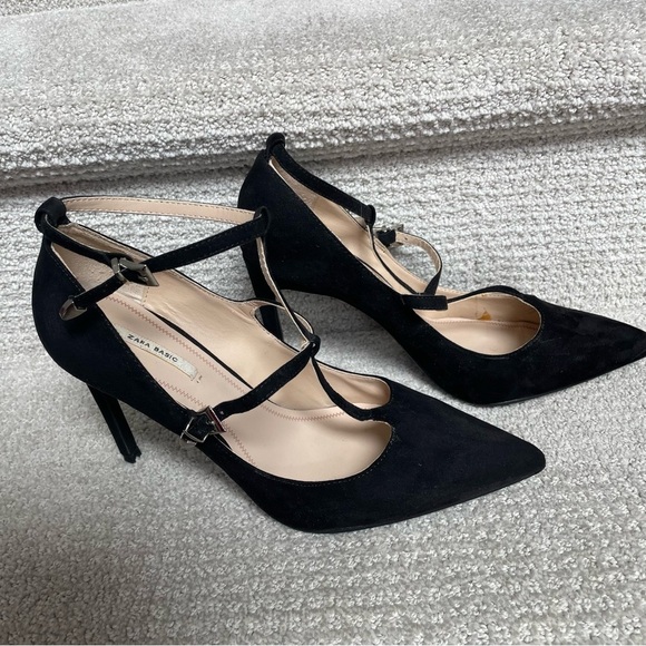 Zara Basic Black Suede Strappy Silver Hardware 4" Stiletto Heels Sexy Evening - Picture 5 of 16